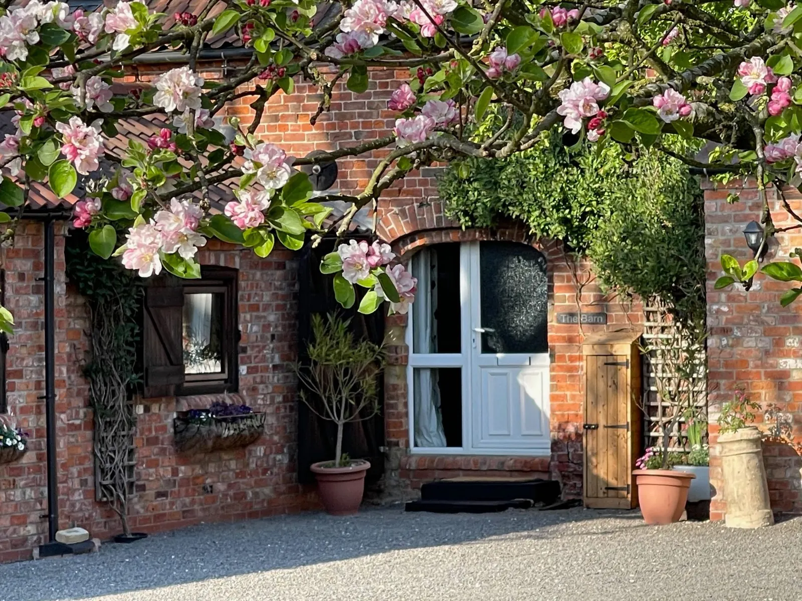 The Barn entrance in spring blossom